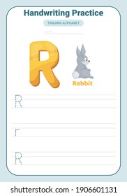 Alphabet-Ablaufverfolgungspraxis Letter R. Ablaufpraxisblatt. Seite zum Lernen von Alphabeten. Druckvorlage. Arbeitsblatt für ABC-Ablaufverfolgung in Großbuchstaben und Kleinbuchstaben. Englische Handschrift lernen