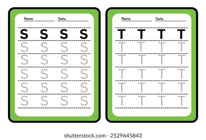 Práctica de trazado de alfabeto Hoja de trabajo de práctica de trazado de letras S y T. Página de actividad del alfabeto de aprendizaje. Plantilla imprimible. Hoja de trabajo de práctica de seguimiento de mayúsculas. Aprender inglés a mano