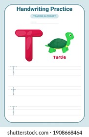 Alphabet tracing practice Letter T. Tracing practice worksheet. Learning alphabet activity page. Printable template. Uppercase and lowercase ABC trace practice worksheet. Learning English handwriting