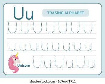 Alphabet tracing practice Letter U. Tracing practice worksheet. Learning alphabet activity page. Printable template. Uppercase and lowercase ABC trace practice worksheet. Learning English handwriting