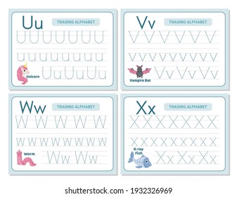 Alphabet tracing practice Letter U, V, W, X. Tracing practice worksheet. Learning alphabet activity page. Printable template. Uppercase lowercase trace practice worksheet. Learning English handwriting