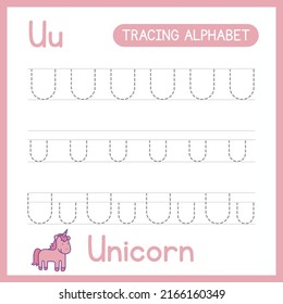 Alphabet tracing practice Letter U. Learning alphabet activity page. ABC trace practice worksheet. Learning English handwriting
