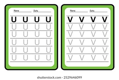Práctica de trazado de alfabeto Letra U. y V. Hoja de trabajo de práctica de trazado. Página de actividad del alfabeto de aprendizaje. Plantilla imprimible. Hoja de trabajo de práctica de seguimiento de mayúsculas. Aprender inglés a mano