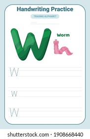 Alphabet tracing practice Letter W. Tracing practice worksheet. Learning alphabet activity page. Printable template. Uppercase and lowercase ABC trace practice worksheet. Learning English handwriting