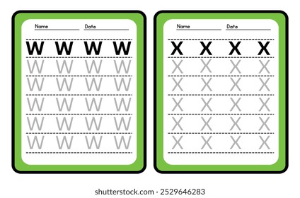 Práctica de trazado de alfabeto Letra W. y X. Hoja de trabajo de práctica de trazado. Página de actividad del alfabeto de aprendizaje. Plantilla imprimible. Hoja de trabajo de práctica de seguimiento de mayúsculas. Aprender inglés a mano