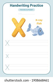 Alphabet tracing practice Letter X. Tracing practice worksheet. Learning alphabet activity page. Printable template. Uppercase and lowercase ABC trace practice worksheet. Learning English handwriting