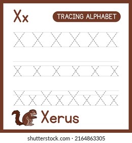 Alphabet tracing practice Letter X. Learning alphabet activity page. ABC trace practice worksheet. Learning English handwriting