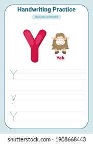 Alphabet tracing practice Letter Y. Tracing practice worksheet. Learning alphabet activity page. Printable template. Uppercase and lowercase ABC trace practice worksheet. Learning English handwriting