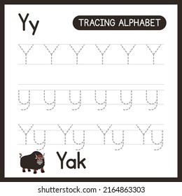 Alphabet tracing practice Letter Y. Learning alphabet activity page. ABC trace practice worksheet. Learning English handwriting