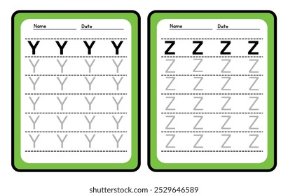 Práctica de trazado de alfabeto Letra Y. y Z. Hoja de trabajo de práctica de trazado. Página de actividad del alfabeto de aprendizaje. Plantilla imprimible. Hoja de trabajo de práctica de seguimiento de mayúsculas. Aprender inglés a mano