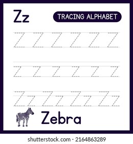 Alphabet tracing practice Letter Z. Learning alphabet activity page. ABC trace practice worksheet. Learning English handwriting
