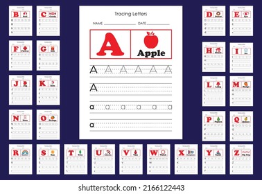 Alphabet tracing practice Letter A to Z. Uppercase lowercase trace practice activity page. svg