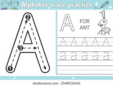 A alphabet tracing practice worksheet and coloring book page with outline vector for Pre-school Kids