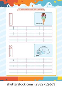 I alphabet tracing practice worksheet. Educational coloring book page with outline vector illustration for preschool