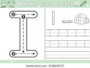 I alphabet tracing practice worksheet and Igloo coloring book page with outline vector for Pre-school Kids
