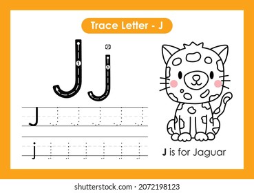 Alphabet tracing trace letter A preschool worksheet with Baby Animal Jaguar