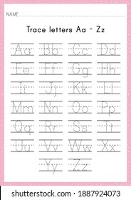 Alphabet Tracing Worksheet. Activity for pre schoolers and kindergarten. Letters A-Z.English for kids. A4 paper ready to print.