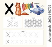 Alphabet tracing worksheet. A-Z writing pages. Letter X uppercase and lowercase tracing with X-ray fish, Xylophone, xerus. Handwriting exercise for kids. Printable worksheet.