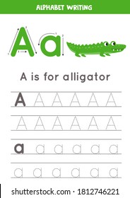 Alphabet tracing worksheet. A-Z writing pages. Letter A uppercase and lowercase tracing with cartoon alligator illustration. Handwriting exercise for kids. Printable worksheet.  