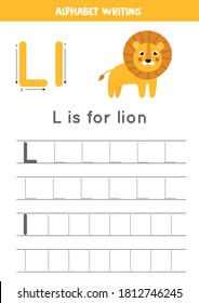 Alphabet tracing worksheet. A-Z writing pages. Letter L uppercase and lowercase tracing with cartoon lion. Handwriting exercise for kids. Printable worksheet.  