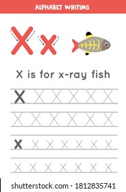 Alphabet tracing worksheet. A-Z writing pages. Letter X uppercase and lowercase tracing with cartoon x ray fish. Handwriting exercise for kids. Printable worksheet.  