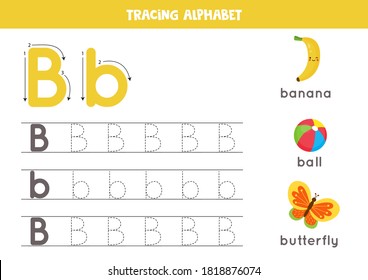 Alphabet tracing worksheet. A-Z writing pages. Letter B uppercase and lowercase tracing with cartoon butterfly, ball, banana. Handwriting exercise for kids. Printable worksheet.