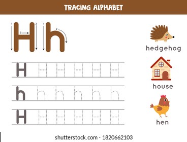 Alphabet tracing worksheet. A-Z writing pages. Letter H uppercase and lowercase tracing with cartoon hedgehog, house, hen. Handwriting exercise for kids. Printable worksheet. svg