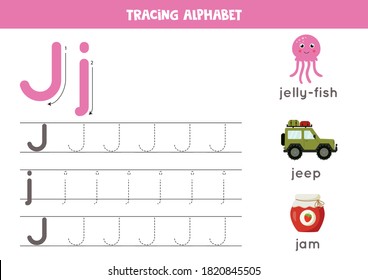 Alphabet tracing worksheet. A-Z writing pages. Letter J uppercase and lowercase tracing with cartoon jam, jelly fish. Handwriting exercise for kids. Printable worksheet. svg