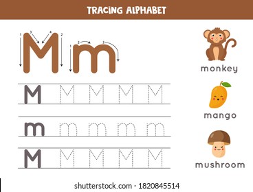 Alphabet tracing worksheet. A-Z writing pages. Letter M uppercase and lowercase tracing with cartoon monkey, mango, mushroom. Handwriting exercise for kids. Printable worksheet. svg