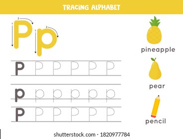 Alphabet tracing worksheet. A-Z writing pages. Letter P uppercase and lowercase tracing with cartoon pineapple, pear, pencil. Handwriting exercise for kids. Printable worksheet. svg