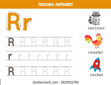 Alphabet Tracing Worksheet. A-Z Writing Pages. Letter R Uppercase And Lowercase Tracing With Cartoon Raccoon, Rooster, Rocket. Handwriting Exercise For Kids. Printable Worksheet.