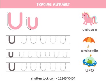 Alphabet tracing worksheet. A-Z writing pages. Letter U uppercase and lowercase tracing with cartoon UFO, unicorn, umbrella. Handwriting exercise for kids. Printable worksheet. svg