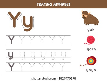 Alphabet tracing worksheet. A-Z writing pages. Letter Y uppercase and lowercase tracing with cartoon yak, yarn, yoyo. Handwriting exercise for kids. Printable worksheet. svg