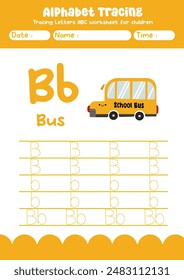 Alphabet tracing worksheet. A-Z writing pages. Letter B uppercase and lowercase tracing with cartoon bus . Handwriting exercise for kids