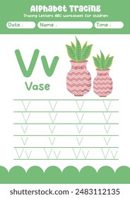 Alphabet tracing worksheet. A-Z writing pages. Letter V uppercase and lowercase tracing with cartoon vase . Handwriting exercise for kids