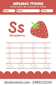 Alphabet tracing worksheet. A-Z writing pages. Letter S uppercase and lowercase tracing with cartoon strawberry . Handwriting exercise for kids