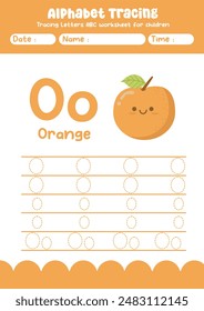 Alphabet tracing worksheet. A-Z writing pages. Letter O uppercase and lowercase tracing with cartoon orange . Handwriting exercise for kids