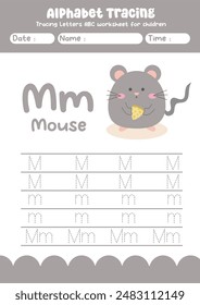 Alphabet tracing worksheet. A-Z writing pages. Letter M uppercase and lowercase tracing with cartoon mouse . Handwriting exercise for kids