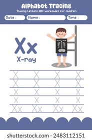 Alphabet tracing worksheet. A-Z writing pages. Letter X uppercase and lowercase tracing with cartoon xray . Handwriting exercise for kids