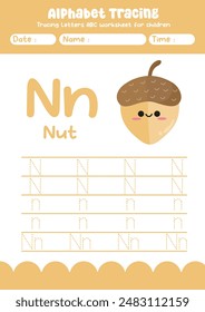 Alphabet tracing worksheet. A-Z writing pages. Letter N uppercase and lowercase tracing with cartoon nut . Handwriting exercise for kids