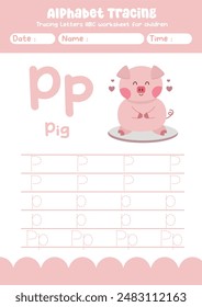 Alphabet tracing worksheet. A-Z writing pages. Letter P uppercase and lowercase tracing with cartoon pig . Handwriting exercise for kids