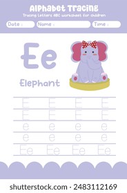 Alphabet tracing worksheet. A-Z writing pages. Letter E uppercase and lowercase tracing with cartoon elephant . Handwriting exercise for kids