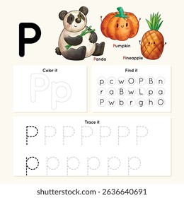 Alphabet tracing worksheet. A-Z writing pages. Letter P uppercase and lowercase tracing with cartoon Pumkin, Panda, Pineapple. Handwriting exercise for kids. Printable worksheet.