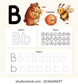 Alphabet tracing worksheet. A-Z writing pages. Letter B uppercase and lowercase tracing with cartoon zebra, eggplant, Easter egg. Handwriting exercise for kids. Printable worksheet.