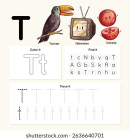 Alphabet tracing worksheet. A-Z writing pages. Letter T uppercase and lowercase tracing with cartoon Television, Tomato, Toucan. Handwriting exercise for kids. Printable worksheet.