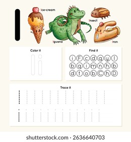Alphabet tracing worksheet. A-Z writing pages. Letter I uppercase and lowercase tracing with cartoon Ice-cream, Iron, Insect. Handwriting exercise for kids. Printable worksheet.
