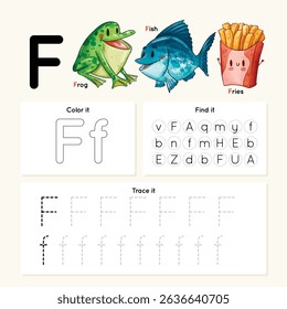 Alphabet tracing worksheet. A-Z writing pages. Letter F uppercase and lowercase tracing with cartoon zebra, eggplant, Easter egg. Handwriting exercise for kids. Printable worksheet.
