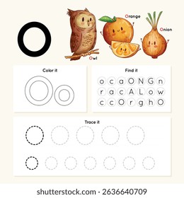 Alphabet tracing worksheet. A-Z writing pages. Letter O uppercase and lowercase tracing with cartoon Owl, Orange, Onion. Handwriting exercise for kids. Printable worksheet.