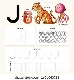 Alphabet tracing worksheet. A-Z writing pages. Letter J uppercase and lowercase tracing with cartoon jam, jaguar, Jellyfish. Handwriting exercise for kids. Printable worksheet.
