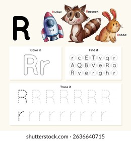 Alphabet tracing worksheet. A-Z writing pages. Letter R uppercase and lowercase tracing with cartoon Rocket, Raccoon, Rabbit. Handwriting exercise for kids. Printable worksheet.